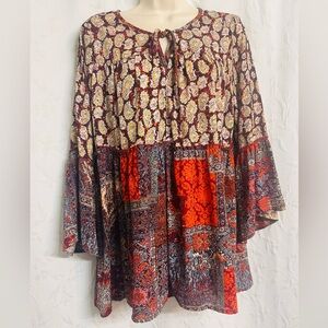 Olive Hill Anthropologie Bohemian Patchwork Colorful Wings 3/4 Sleeves Blouse XL